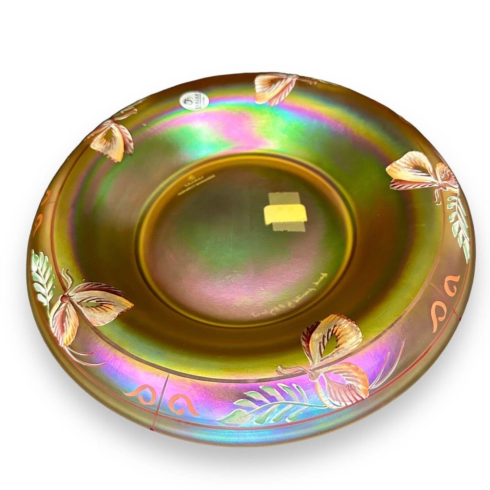 VTG FENTON MILLENNIUM SIGNED BUTTERFLY FLOWERS IRIDESCENT GOLD BOWL HANDPAINTED